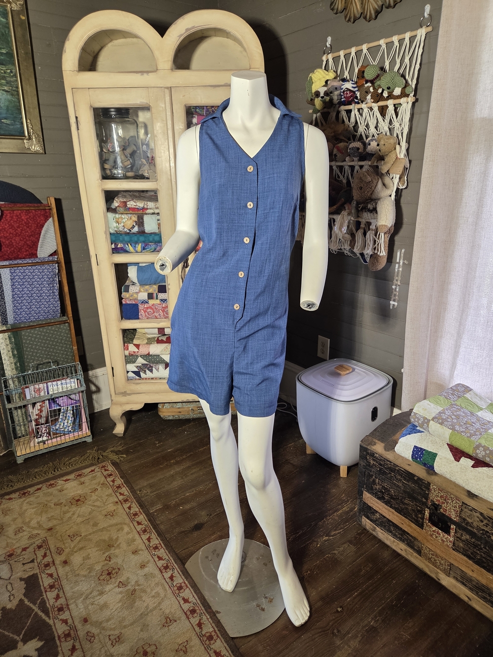 Sleeveless Blue Button-Front Romper